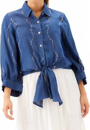 Karen Kane Blouson Sleeve Gemstone Denim Shirt In Chambray
