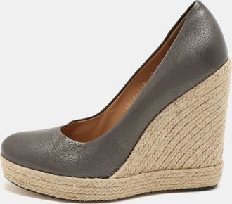 Ferragamo Metallic Grey Leather Wedge Espadrille Pumps