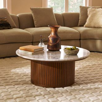 Castlery Tamboured Design Marble Round Coffee Table, Dark Brown, Multi Color