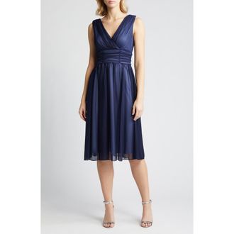 Connected Chiffon Overlay Fit & Flare Dress in Navy/Slate at Nordstrom, Size 16
