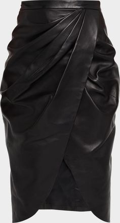 Balmain High-Waist Draped Lambskin Midi Skirt