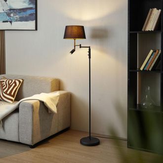 QAZQA Retro/vintage L&aacute;mpara De Pie Negra Con Pantalla Negra Y Luz De Lectura Regulable - Ladas Acero /textil Alargada Adecuado Para Led Max. 1 X 40 Watt - Q