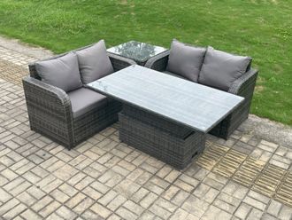 Fimous Outdoor Rattan Furniture Garden Dining Set Height Adjustable Rising lifting Table Love Sofa Set Dark Grey Mixed
