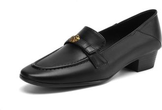 Generic Womens Slip-On Loafers Low Block Heel Rose Metal Accent Smooth Upper Multi-Color Options Stitched Detail Padded Insole Comfortable Durable Shoes,Black