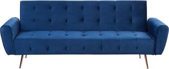 Beliani Beliani - Sof&aacute; Cama Moderno De Terciopelo Convertible Con Capiton&eacute; Bolsillo Lateral Patas De Metal Cobre Azul Selnes