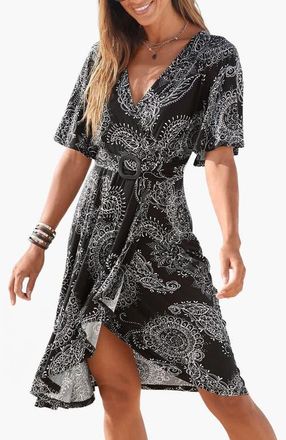 Lascana Womens Belted Asymmetrical Dress in Black Printed at Nordstrom, Size 14