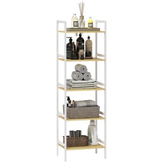 HOMCOM 5-Tier Bamboo Bathroom Storage Shelf with Adjustable Rack - Natural and White | TJ Hughes