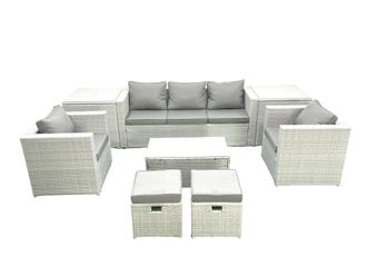 Fimous 7 Seater Rattan Garden Furniture Set with 3 Seater Sofa 2 Chair Rectangular Coffee Table 2 Small Footstools 2 Side Tables Light Grey Mixed
