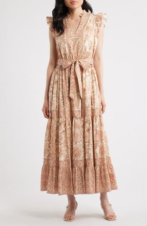 Elie Tahari The Eden Print Tie Waist Maxi Dress in Cypress Vine Print at Nordstrom, Size 14