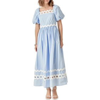 English Factory Scalloped Puff Sleeve Cotton Maxi Dress in Powder Blue/Cream at Nordstrom, Size X-Small