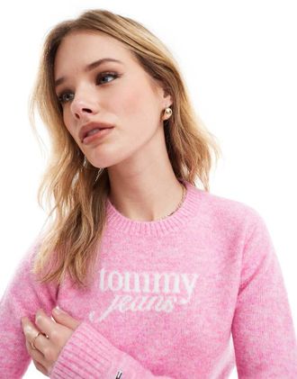 Tommy Jeans retro script sweater in bright pink