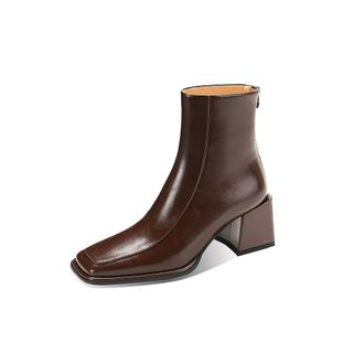 TinaCus Womens Handmade Genuine Leather Chic Square Toe Back Zipper Mid Block Heel Ankle Boots, Brown, 5.5 UK