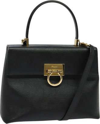 Ferragamo Gancini Convertible Top Handle Bag Leather Black Leather Handbag (Pre-Owned)