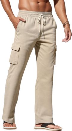 Feoya Mens Linen Trousers Casual Lightweight Workout Yoga Pants Elastic Waist Drawstring Linen Pants with Cargo Pockets for Holiday Beach Summer Khaki XL