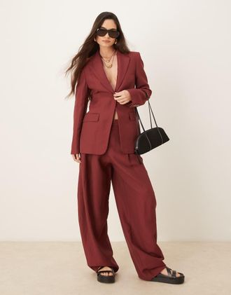 Mango Capsule - Blazer oversize in misto lino color vino in coordinato-Rosso