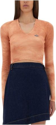 Vivienne Westwood Bea Cropped V-neck - Dames - V-hals truien - Oranje - S - Katoen - Truien & Vesten