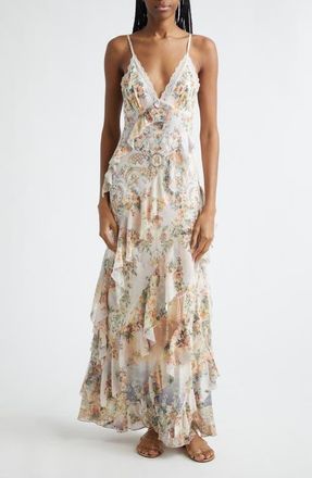 Camilla Floral Ruffle Silk Slipdress in Twilight In Istanbul at Nordstrom, Size Small