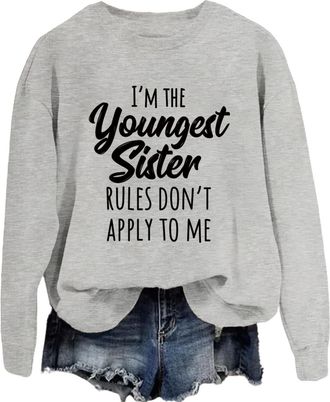 Generic Im Youngest Sister Rules DonT Womens Youngest Sister Rules Sweatshirt, Funny Sibling Crewneck Pullover, Soft Cotton Long Sleeve Casual Top for Sister 