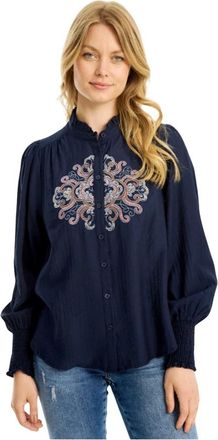 In Front IN Front, Overhemden, Dames, Blauw, S, Nylon, Blauwe Shirt met Pofmouwen en Smock Manchetten