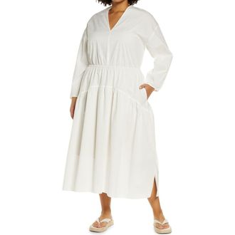 Vince Double V-Neck Long Sleeve Cotton Dress in Optic White at Nordstrom Rack, Size 1X