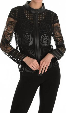 Frank Lyman Design Womens Sheer Floral Mesh Jacket With Faux Leather Trim In Black