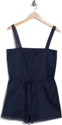 Wayf Tie Waist Stretch Cotton Romper in Navy at Nordstrom Rack, Size X-Large