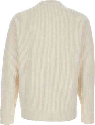 Maison Kitsun&eacute; Mens Beige Ribbed Knit Cardigan With Logo Merino Wool Tops Top