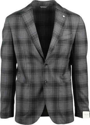 L.B.M. 1911 Grey Plaid Wool Blazer with Notch Lapels and Tailored Fit
