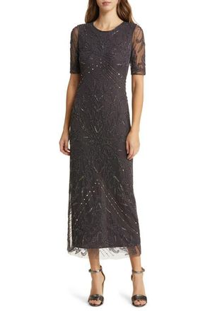 Pisarro Nights Beaded Tulle Column Gown in Slate at Nordstrom, Size 10P