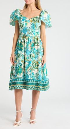 Vince Camuto Flutter Sleeve Cotton Midi Dress in Blue Multi at Nordstrom Rack, Size 16