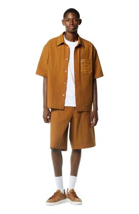 MCM Shirt in Cotton and Monogram Print Leather in Cognac at Nordstrom, Size 52 Eu