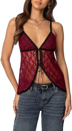 Edikted Maude Split Tie Front Lace Camisole in Burgundy at Nordstrom, Size X-Large