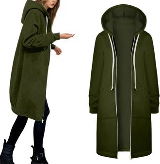 Generic Longline Hoodies For Women Uk Full Zip Up Thin Fleece Hoody Jackets With Pockets Plus Size Mid-length Hooded Sweahirts With Drawstring Hood Solid Warm