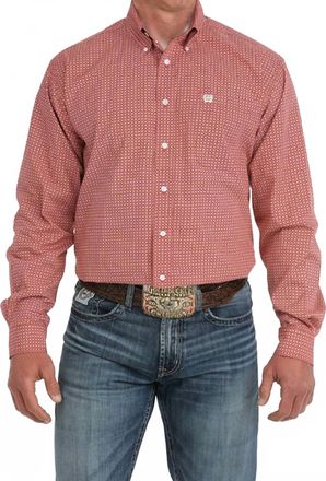 Cinch Long Sleeve Print Button Up Top In Red