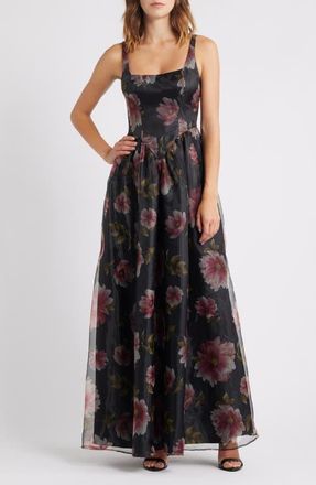 Lulus Maelyn Lace-Up Corset Maxi Cocktail Dress in Black Floral at Nordstrom, Size Small