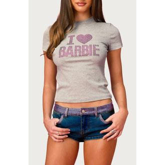 Edikted x Barbie I Love Barbie Embellished Baby Tee in Gray-Melange at Nordstrom, Size X-Large