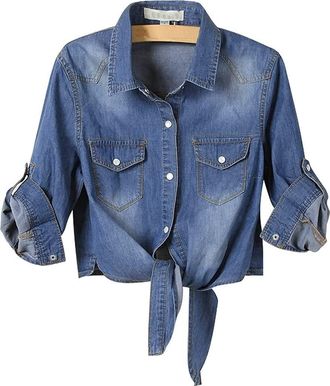 Generic NUSGEAR Womens Jackets Cropped Denim Stretch Knot Tie Jean Jacket Summer Coat Button Casual Loose Fit Comfortable Outwear Shirts Trench Tops Blouses O