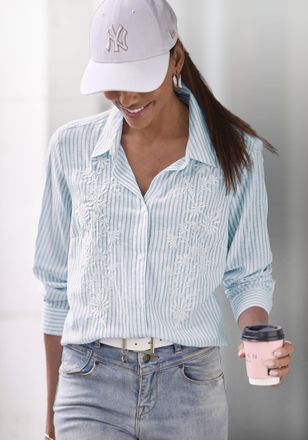 Lascana Langarmbluse LASCANA, Damen, Gr. 34, blau, creme gestreift, Web, Obermaterial: 55% Baumwolle, 35% Viskose, 10% Leinen, bestickt, gestreift, figurumspi