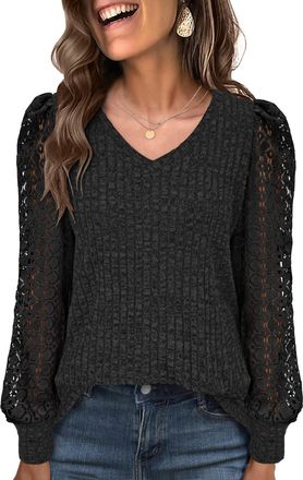 Generic Ladies Long Sleeve Vintage Lace Puff Sleeve Top - V-Neck Textured Knit Jumper Black