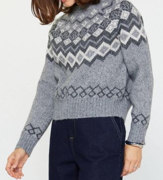 Current Air Round Neck Fair Isle Sweater In Grey