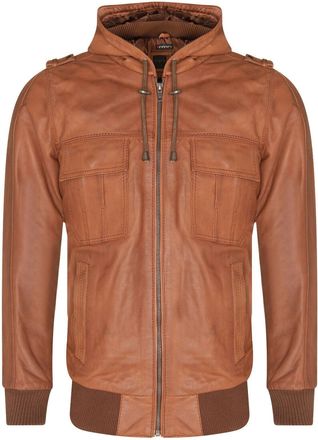 Infinity Leather Mens Tan Leather Hooded Bomber Jacket - Tirana