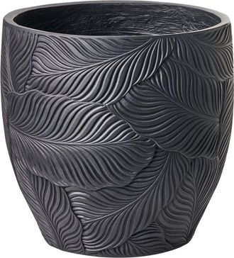 Beliani Flower Pot Black Fibre Clay Painted Indoor and Outdoor Planter Round 42 x 42 x 42 cm Leaf Pattern Modern Design Living Room Garden BAIYUN