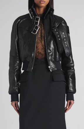 Alexander McQueen Belt Detail Lambskin Leather Bomber Jacket in Black at Nordstrom, Size 4 Us