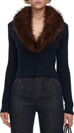 Self Portrait Fitted Navy Blue Sweater with Brown Fur Collar