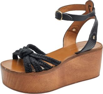 Isabel Marant Black Jute And Leather Knotted Wedge Platform Ankle Strap Sandals