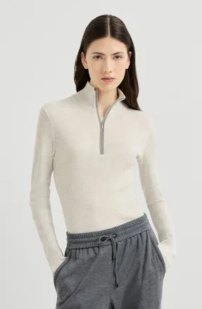 Brunello Cucinelli Virgin wool and cashmere lightweight ribbed turtleneck sweater with precious half zip in Pearl Grey at Nordstrom, Size Xx-Large