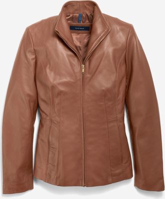 Cole Haan Womens Wing Collar Leather Jacket - Beige Size Medium