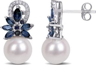 Mimi & Max 9-9.5 MM Cultured Freshwater Pearl and Sapphire and 1/8 CT TW Diamond Flower Drop Earrings in 14k White Gold