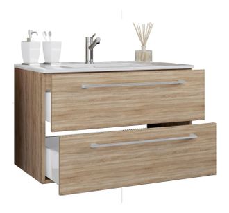 ebuy24 Ebuy24 - Vcm 2 Piezas Lavabo Lavabo Gabinete Inferior Ancho 80 Cm Juego De Muebles De Ba&ntilde;o Colgando Con Dos Cajones Badinos (sonoma Roble)