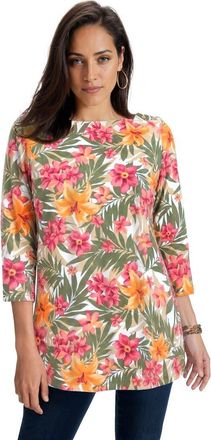 Jessica London Stretch Cotton Boatneck Tunic in Khaki Tropical Floral at Nordstrom, Size 16